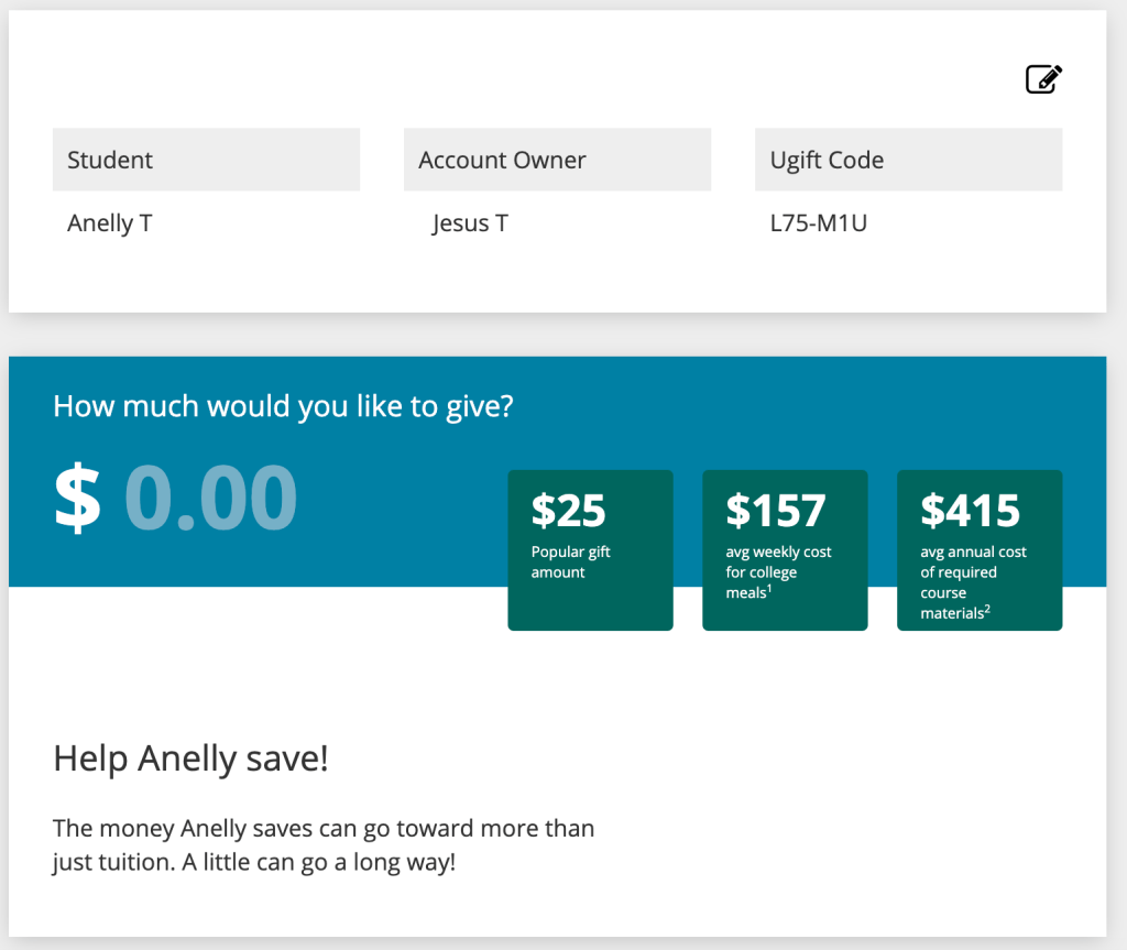Screenshot of UGift Anelly contribution page.